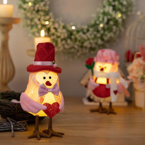 Valentine's Day Bird Figurines Lighted Couple Birds Statue Tabletop Standing Fabric Birds Ornament for Tiered Tray Table Shelf Mantel Fireplace Decor