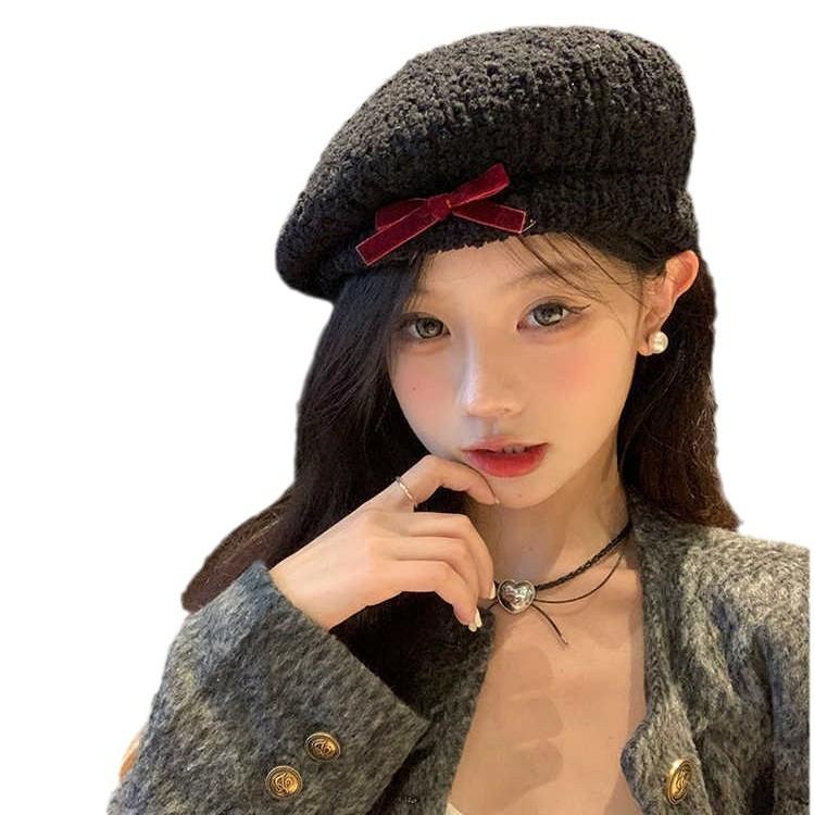 Hat for Women Japanese Niche Bow Plush Beret for Women In Autumn and Winter New Sweet White Painter Hat
