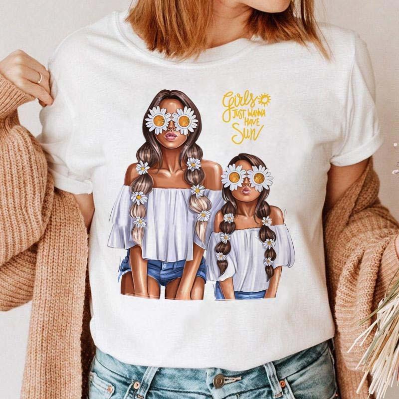 Maycaur Women Cartoon Mom Mother Boy Girl Print Mother Lady T-shirts Casual Top T Shirt Ladies Womens Graphic Female Tee T-Shirt