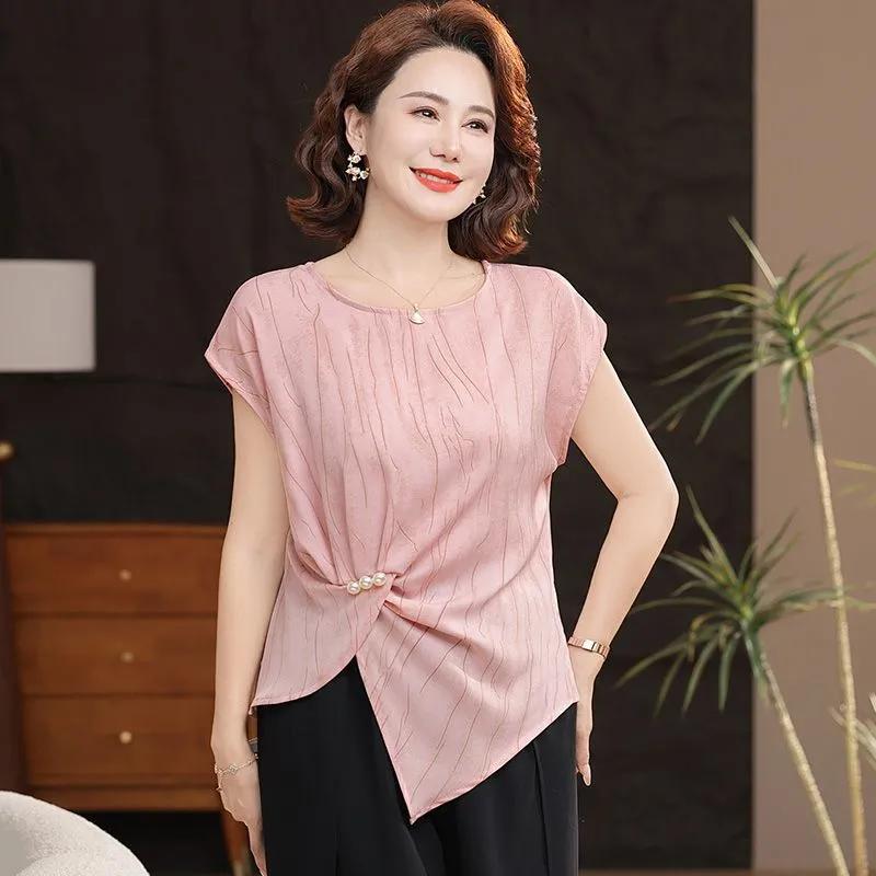 Summer Women Pink Striped Asymmetrical Hem Chiffon Blouse XL розовый