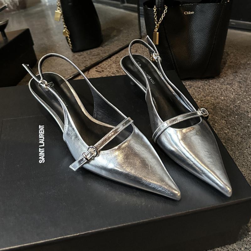 Fashion Patent Leather Thin Heel Pointed Toe Women Sandals 2025 Summer Buckle Low Heel Shallow Dress Shoe Sexy Party BrandsShoes