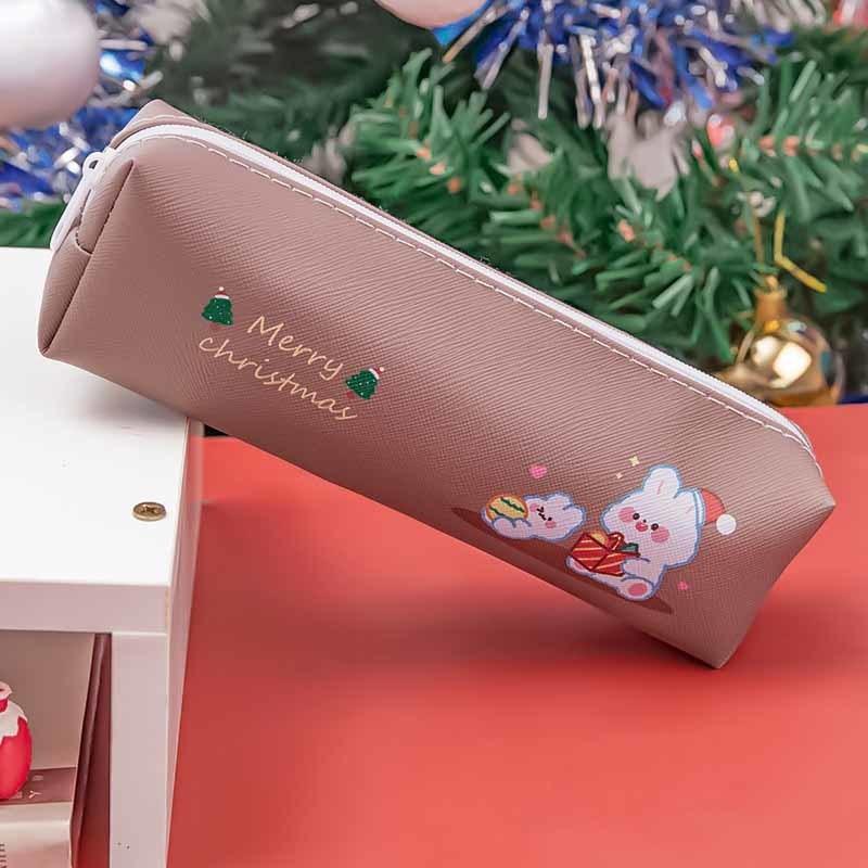 1 Piece Cute Cartoon Christmas Pencil Case Bag Key Chain Pu Large Capacity Coin Wallet Case Pouch Bag School Supplies Gift