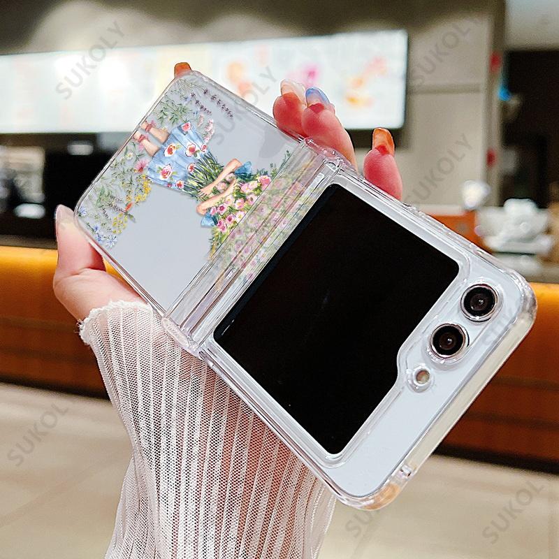 Flower Pattern Clear Case For Samsung Galaxy Z Flip 7 FE 6 5 4 3 Transparent Hard Folding Cover For Samsung Z Flip5 Flip4 Flip6