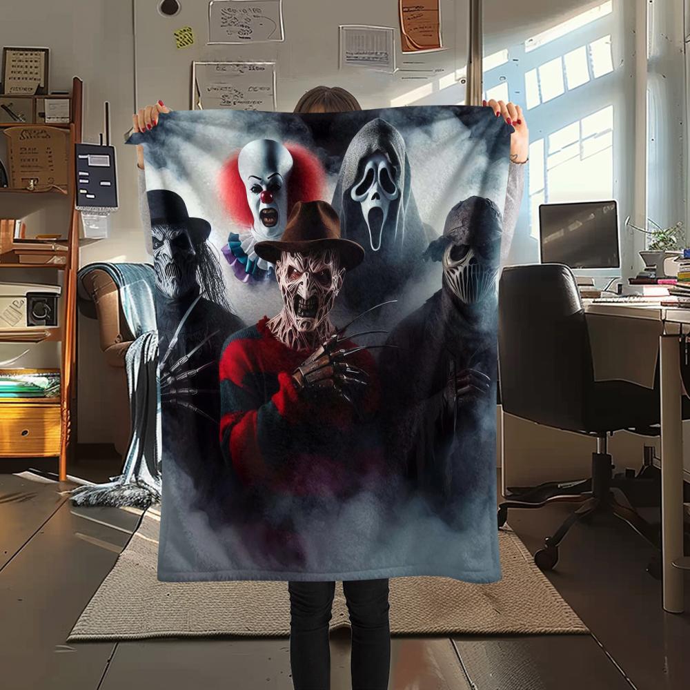 1Pc Horror Killer Print Flannel Blanket, High quality Comfortable for All Seasons, Home Decor, Warmth and Comfort, Perfect for Christmas Gifts