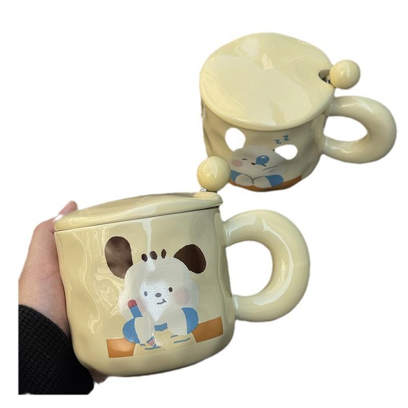 Cute Cartoon Puppy Ceramic Mug with Lid Large Capacity Drinking Water Cup for Girls To Give Birthday Gifts for Best Friend