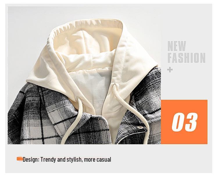 2025 Autumn Men's Retro Plaid Hooded Fake Two-Piece Casual Jacket