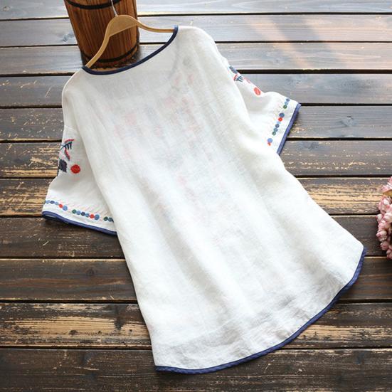 T-shirt Embroidered Loose National Style Ladies Short Sleeve Oversize Blouse