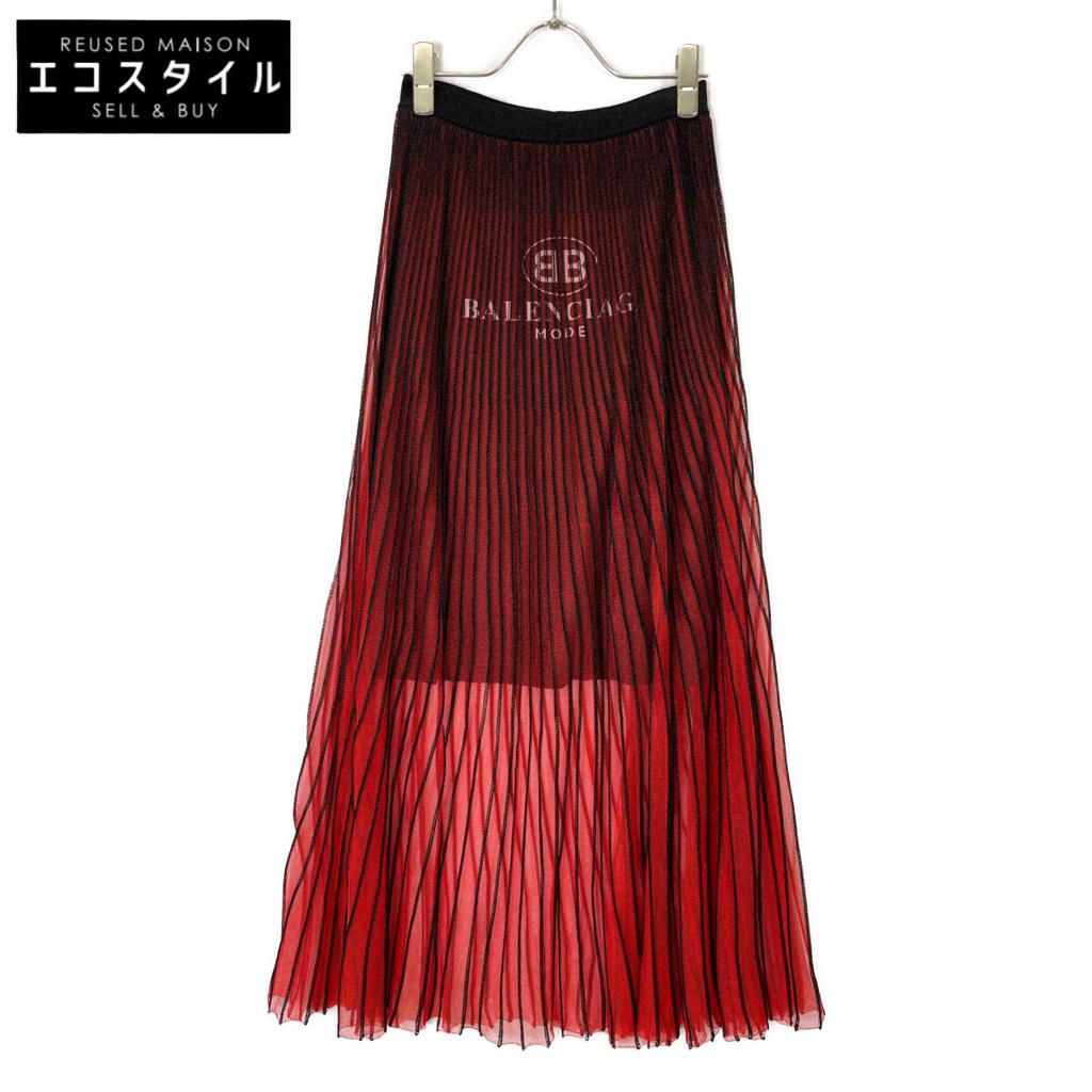 Balenciaga 502584 T6135 18Stainless Steel Red X Black See-Through Layered Pleated Skirt Skirt 34 RedUsed