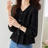 Solid Color Black Blouse Women Heart Long Sleeve Overshirts Fashion Button Up Shirts  Spring Autumn