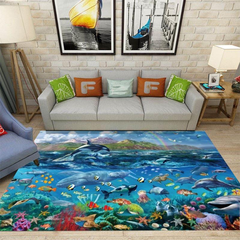 Large Sea Turtle Theme Area Rug Colorful Coral Reefs Tropical Fish Living Room Bedroom Marine Decor Carpet Home Decoration Mat
