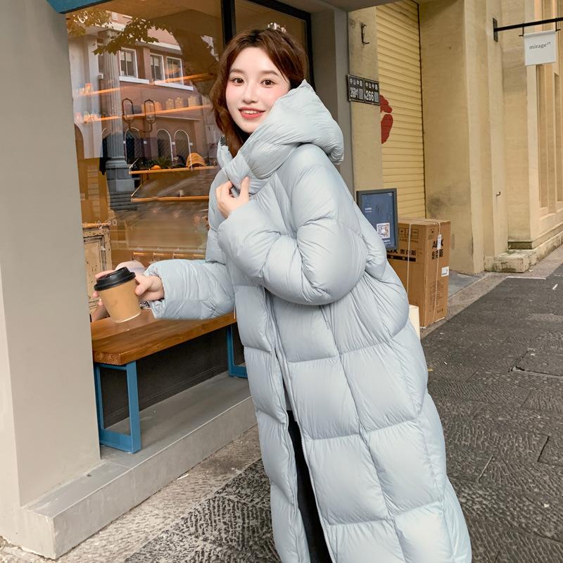 Down Cotton Clothes Women's Long Over-knee Cocoon Simple Hooded Buds Loose Coat Cloud Puffs