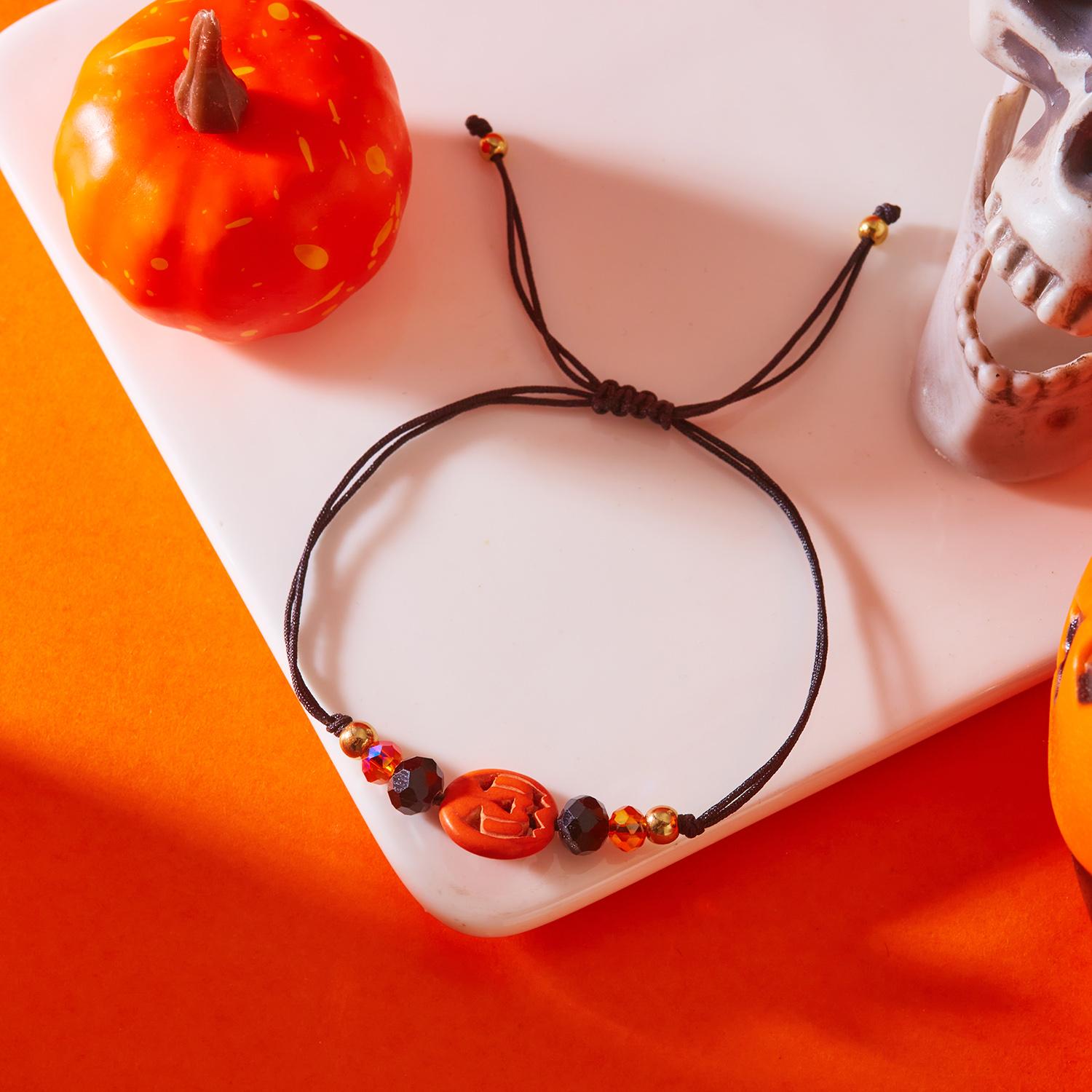 

Fashion Halloween Handmade Braided Bracelet for Women Pumpkin Skeleton Skull Big Flower Beaded Bangles Festival Party Jewelry