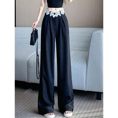 Black Lace-trimmed Casual Suit Pants Women High-waisted Loose Draping Straight-leg Wide-leg Pants That Touch the Ground