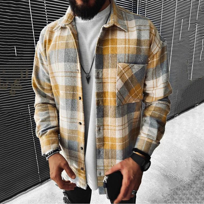 Men's Casual Plaid Long Sleeve Shirt, Loose Fit Blue Gray Checkered Button-Up with Chest Pocket
