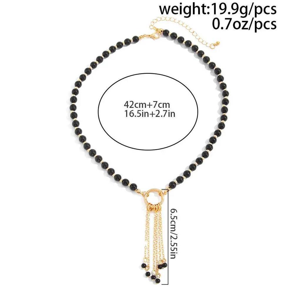 Ingemark Vintage Unique Black Acrylic Beaded Tassel Pendant Chokers Necklace for Women Trendy Metal Clavicle Chain Party Jewelry