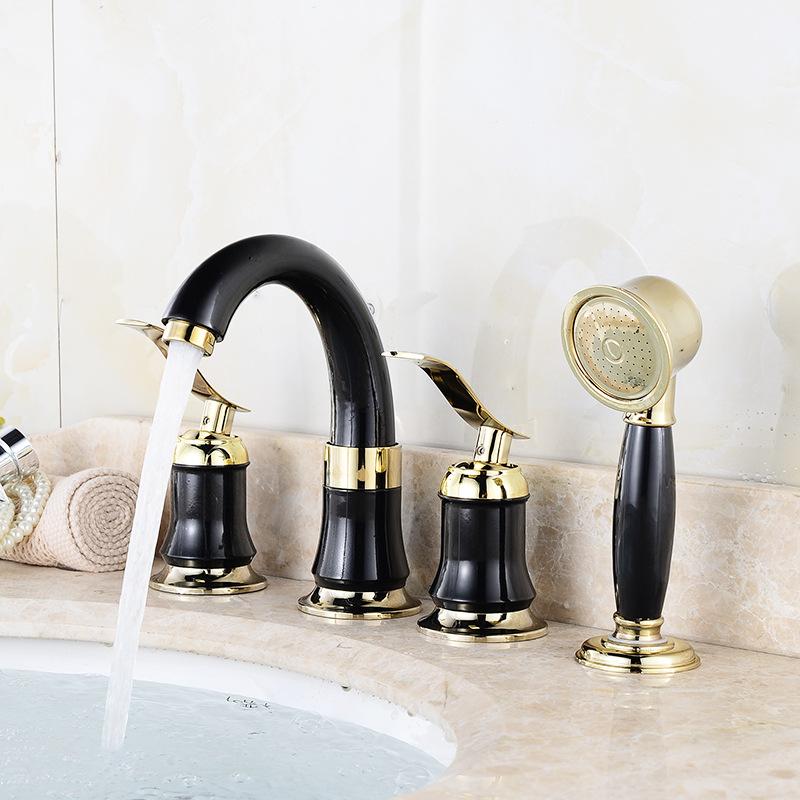 Double Handles Black Golden-Plated 4 Bathroom Wash Basin Faucet Sink Brass Vessel Bathtub Torneira Tap Mixer Faucet White