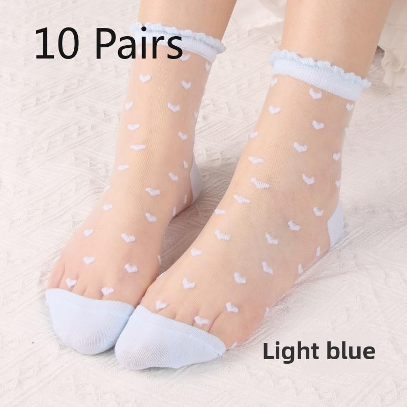 

10 Pairs Socks Spring/summer Thin Fashion Thin Crystal Silk Midtube Women s Socks Cool Transparent Love Glass Stockings 10 Pairs небесно-голубой