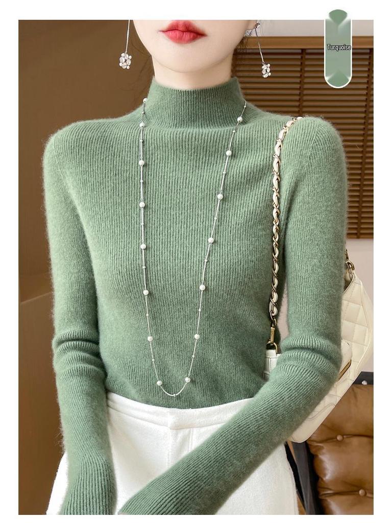 Damski sweter z wysokim dekoltem, dopasowany, z imitacji wełny - rozciągliwa dzianina, warstwa bazowa na jesień/zimę