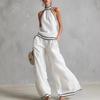 Sleeveless Wide Leg Pants Set Women Summer European Style Striped Color Block Two Piece Casual Vacation