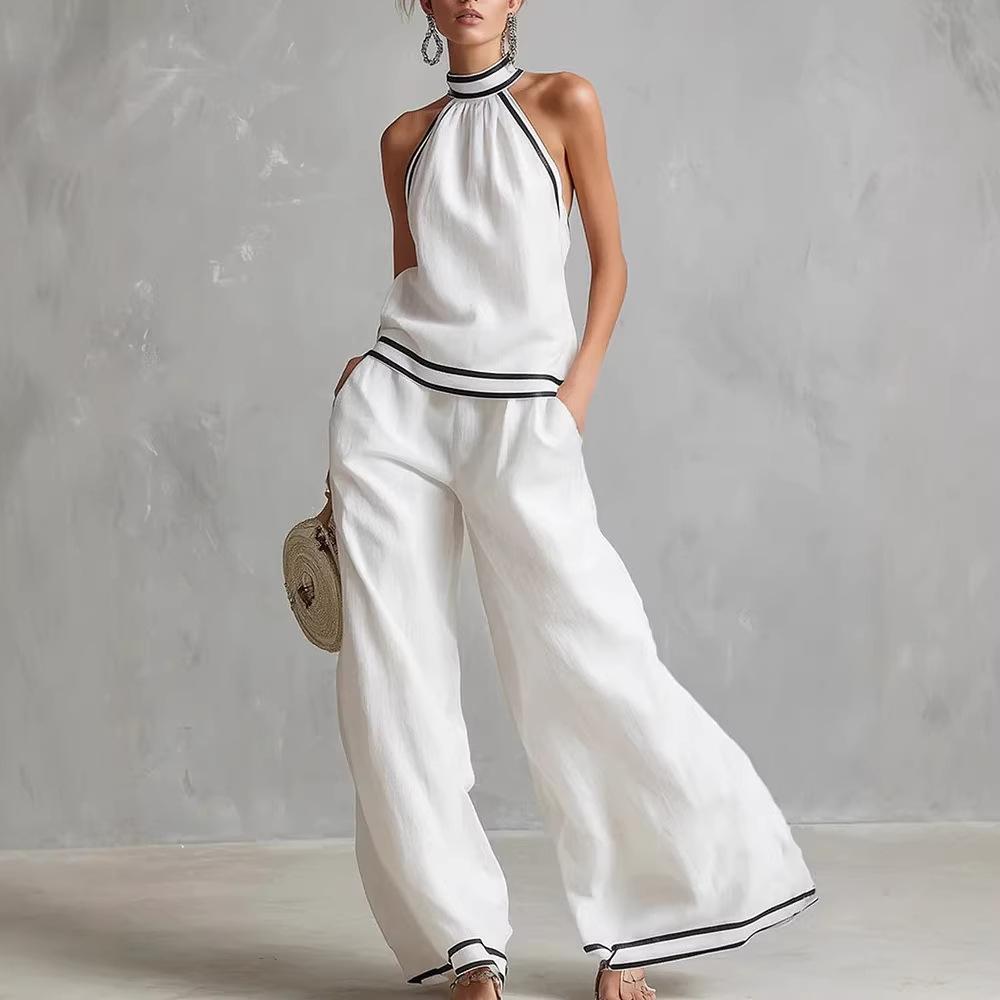 Sleeveless Wide Leg Pants Set Women Summer European Style Striped Color Block Two Piece Casual Vacation