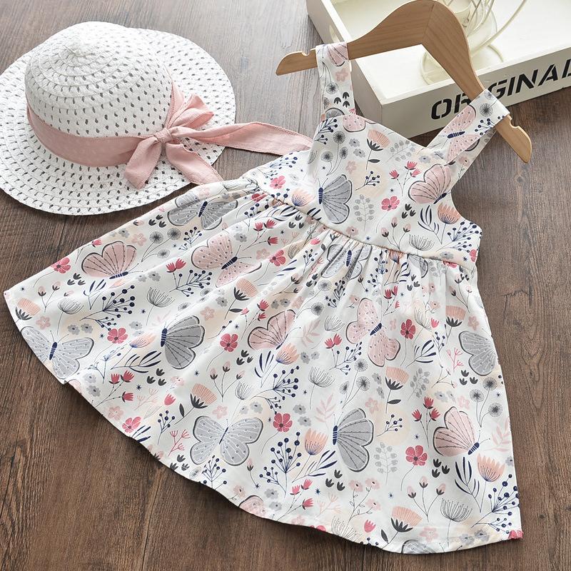 Baby Mädchen Baumwoll-Sonnenkleid mit Schmetterlingsdruck und Hut Frühling Sommer Kleinkind Ärmelloses Kleid