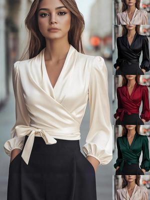 Blusa de Satén con Cuello en V y Cinturón para Mujer Otoño/Invierno 2025