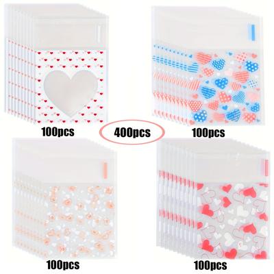 400PCS 4 Patterns Valentine's Day Glass Paper Bag Love Printed Self Adhesive Biscuit Gift Bag Valentine's Day Party Gift Bag