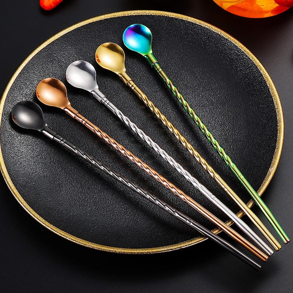 10PCS Dual-use Stainless Steel Straw Spoon Long Twisted Portable Mixing Spoon Reusable Coffee Stirring Spoon Cocktail