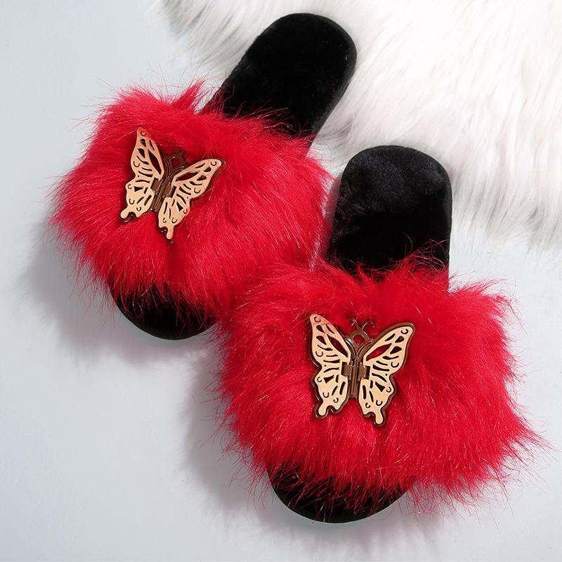 Fashion Lovely Butterfly Detor Cotton Slippers Women Soft Faux Furry Plush Slippers Woman Winter Open Toe Slip On Fur Slides Female