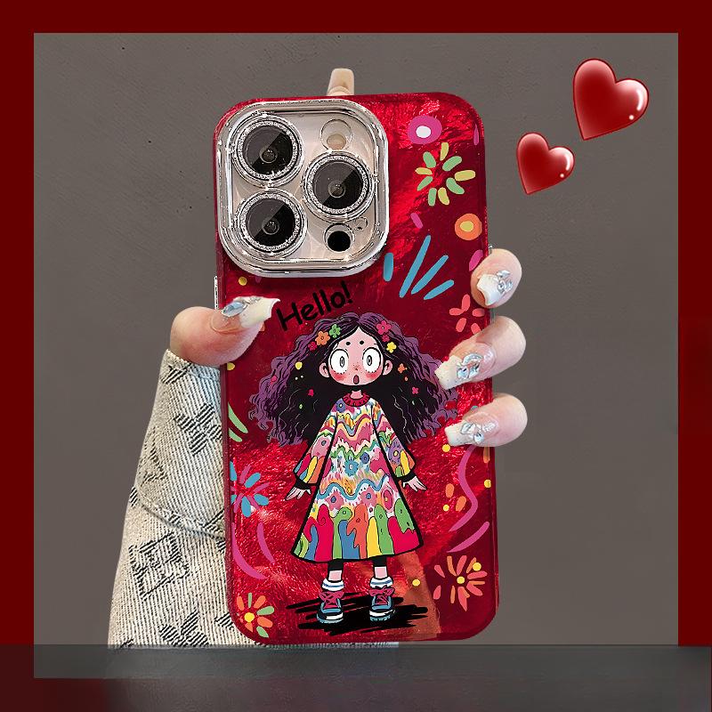 Cute Curly-haired Girl, Suitable for Apple 2016 New Year Phone Case 15pro Lens Film Anti-drop 14 High-end Feel 13/12