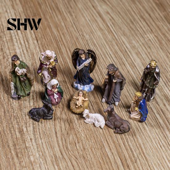 Manger Scene Accessories 11 Pcs Christmas Nativity Set, Resin Mini Figurines Tabletop Decor, Decorations Holy Family Angel Shepherd Animals
