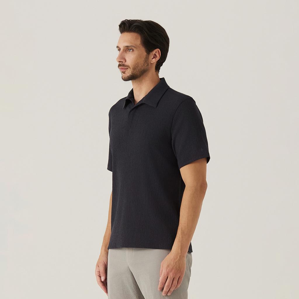 FERRAROMILANO Woven Crinkle Y-Polo Shirt Charcoal (Am0Ftty25138)