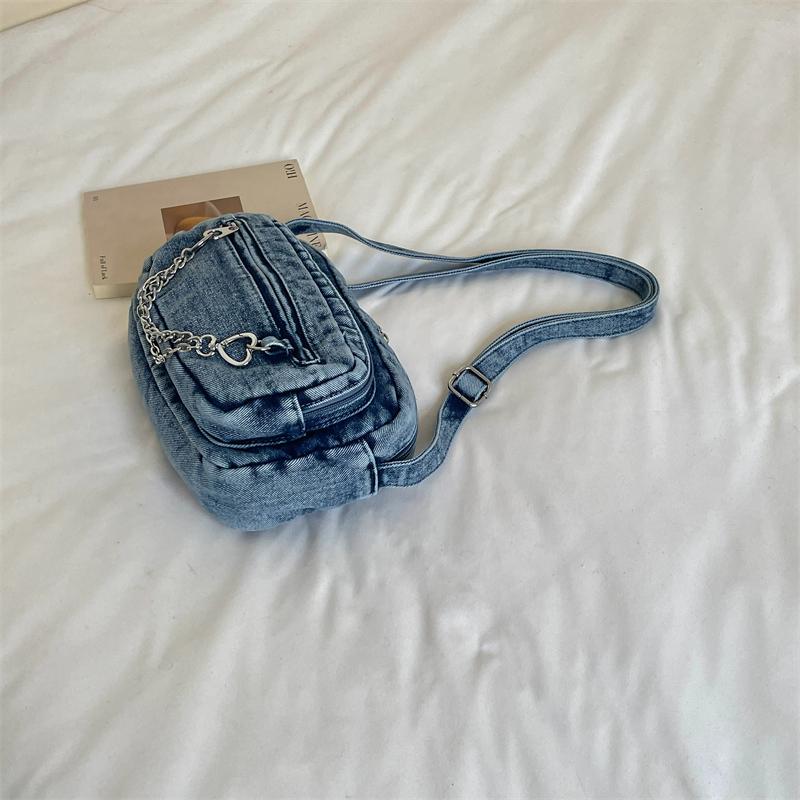 Washed Denim Crossbody Bag with Front Zipper Pocket and Decorative Chain Detail Casual Shoulder Purse for Women Daily