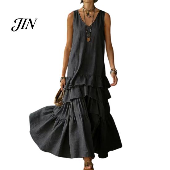 Casual Dress Women Women's Sleeveless Summer Long Tank Dress, V Neck Tiered Flowy Layered Skirt Ruffle Maxi Loose Beach Sundress Breathable