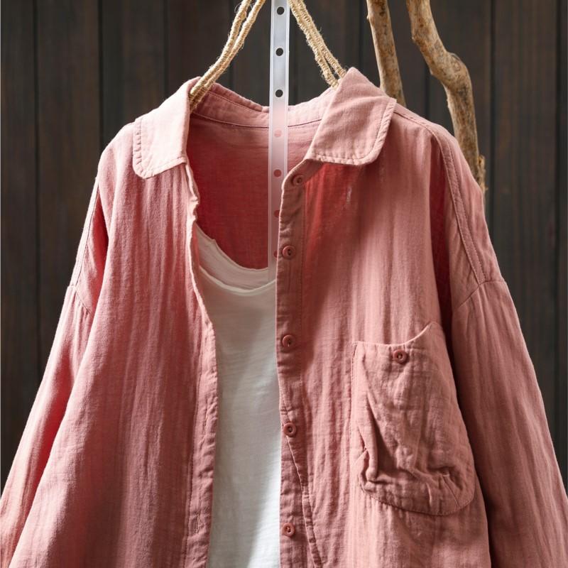 Johnature Femmes Chemises Vintage Tops Col Rabattu Patchwork Poches Blouses Automne Chemises Couleur Unie