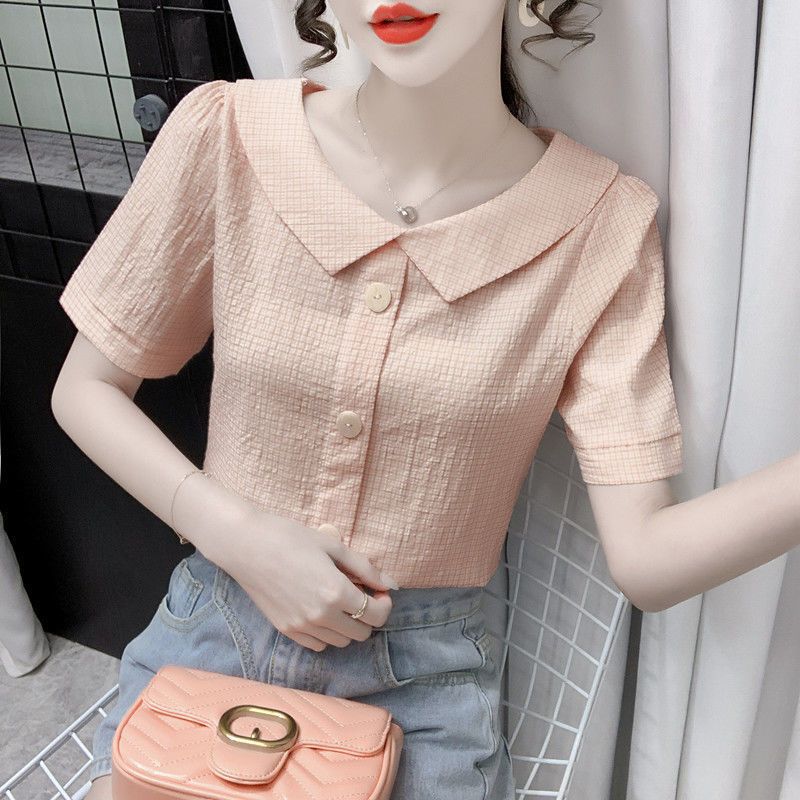 

WTEMPO Women Short Sleeve Blouse Casual Button Down Textured Puff Sleeve Sweet Summer Shirt Tops S оранжевый
