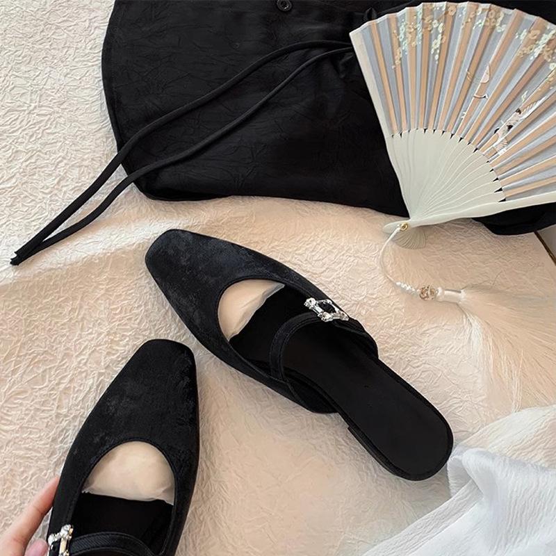 Traubenmutter studiolee~ Neuer chinesischer Nationalstil Französische Retro-Viereckkopf-Halbpaket-Mules mit niedrigem Absatz