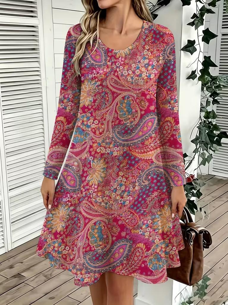 Spring Autumn Women Dress Casual Long Sleeve O-neck 3D Print Loose A-Line Dress Oversized Home Wear Robe