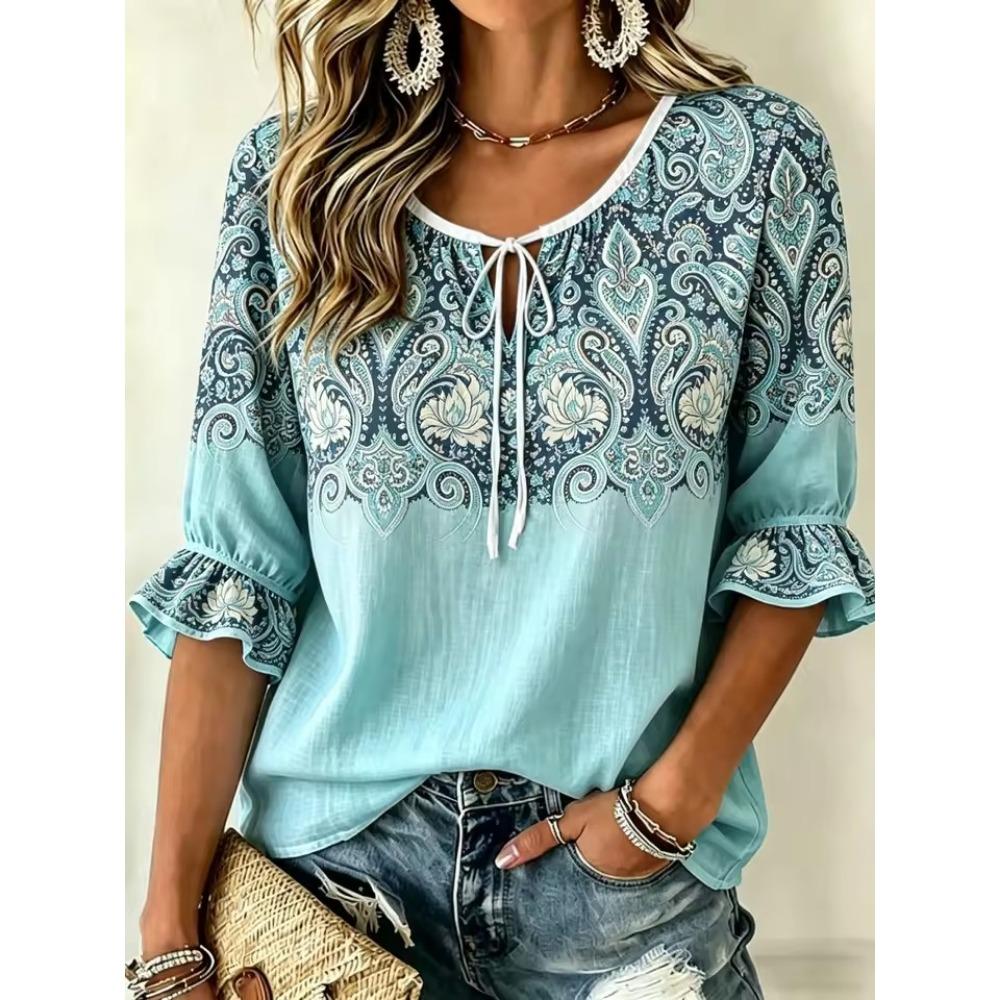 Women's Lavender Floral Print Tie Neck Blouse, Casual Loose Tops for Spring Summer Daily Wear Vacation Occasions