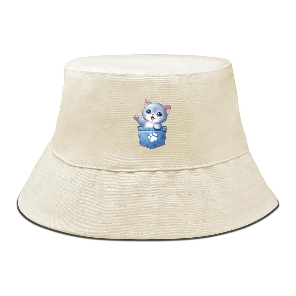 Bucket Hat With Cute Cat Print , Dog Claw Pocket Fisherman Cap Solid Color Wide Brim Unisex Basin Hat