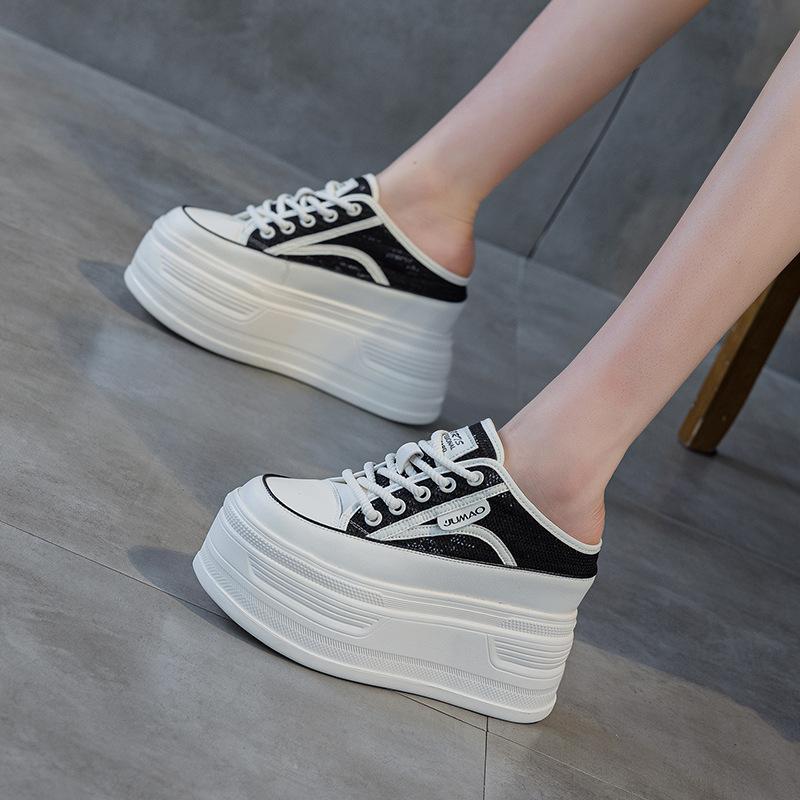 12CM Women's Thick Bottom Sneakers Summer New Style Breathable Slippers Leather Sport Casual Slip-On Shoes Comfortable All-Match