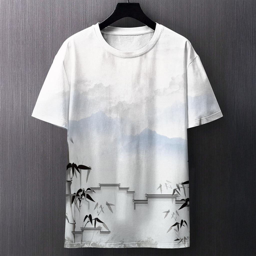 Summer Round Neck 3D Chinese Ink Landscape Print Top Fashionable Casual Short Sleeved Men's T-shirts