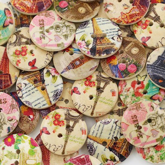 50 Pcs Eiffel Tower Flower 2 Holes Wooden Buttons Sewing DIY Craft Scrapbooking