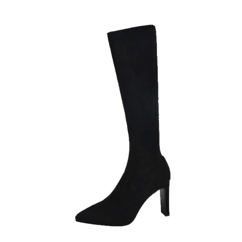 2025 New Pointed Thin High-heeled Boots Women's Thick Heels But Knee Boots Suede Bare Boots Elastic Thin Boots