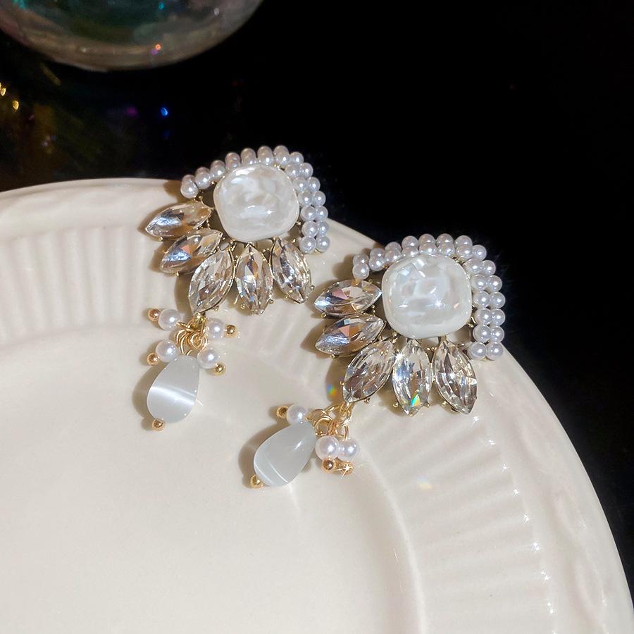 Silver Needle Geometric Earrings with Rhinestone, Resin Faux Pearl, and Retro French Court Style