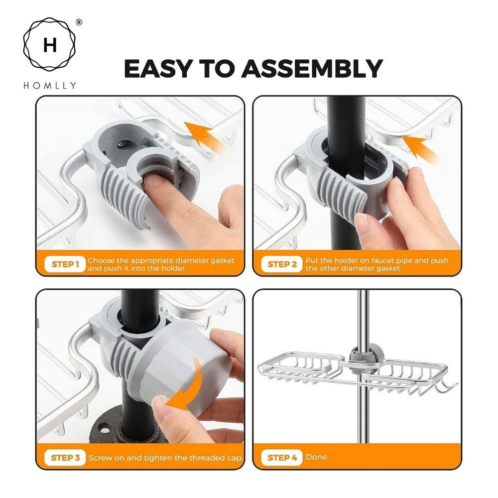 Homlly Aluminum Detachable Single Double Sponge Dish Cloth Facuet Tap Holder Shelf with Towel Hooks (X2PCS)