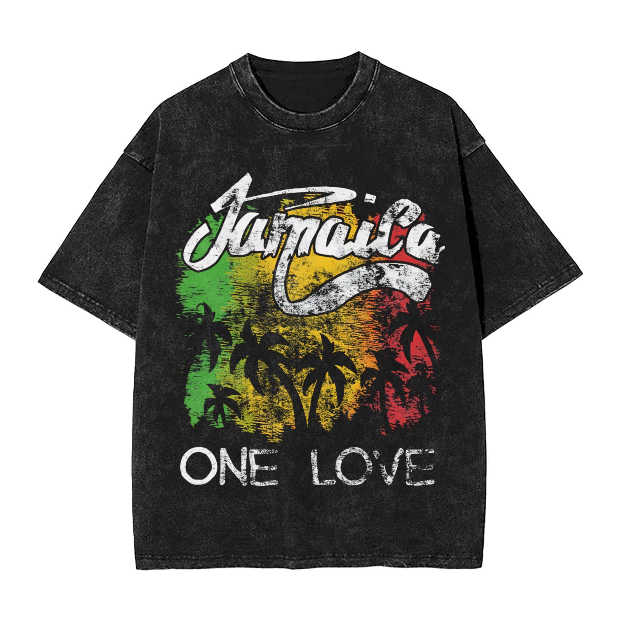 

Reggae Rasta ONE LOVE ONE HEART Washed T Shirts Streetwear Hip Hop Fashion TShirt Tees Unisex Women Cotton Oversize S