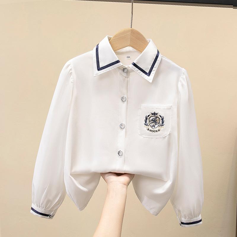 Girls Ruffled Collar Long Sleeve White Blouse Kids Elegant Lapel Button Down Shirt