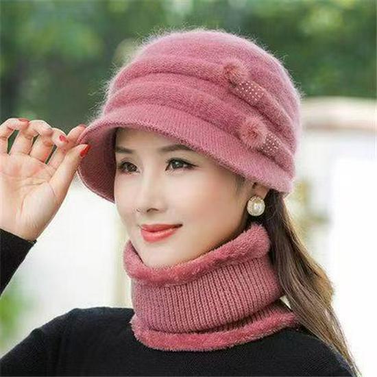 Warm Winter Knitted Hat for Middle-aged & Elderly Women - Rabbit Fur & Velvet, Ideal for Travel