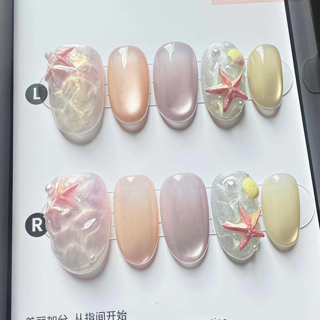 24 STKS Cartoon 3D Octopus Zeester Ontwerp Amandel Press-on Nagels Zomer Zeester Blauw Franse Nep Nagels voor Vrouwen Draagbare Manicure